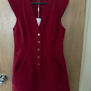 Red Buttoned V-Neck Sheath Mini Dress